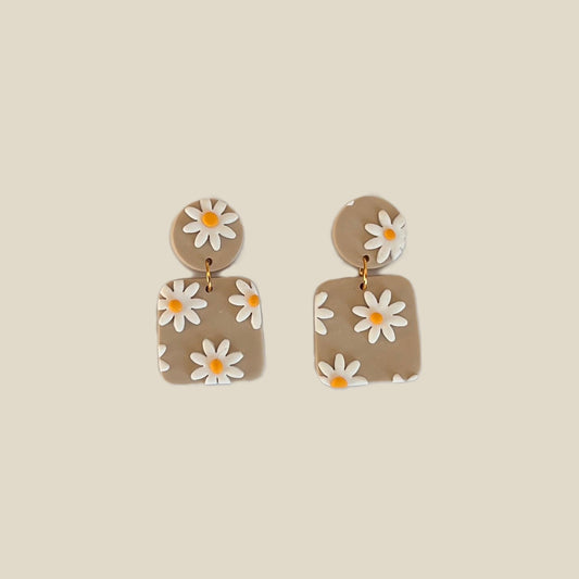 'Cyrus' Dangle Earrings - Circle and Rounded Square with Flower Pattern